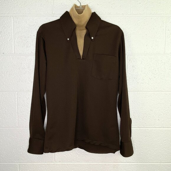 Vintage David Homison Mid Mod Brown Turtleneck Long Sleeve Mens Shirt M - Picture 1 of 8